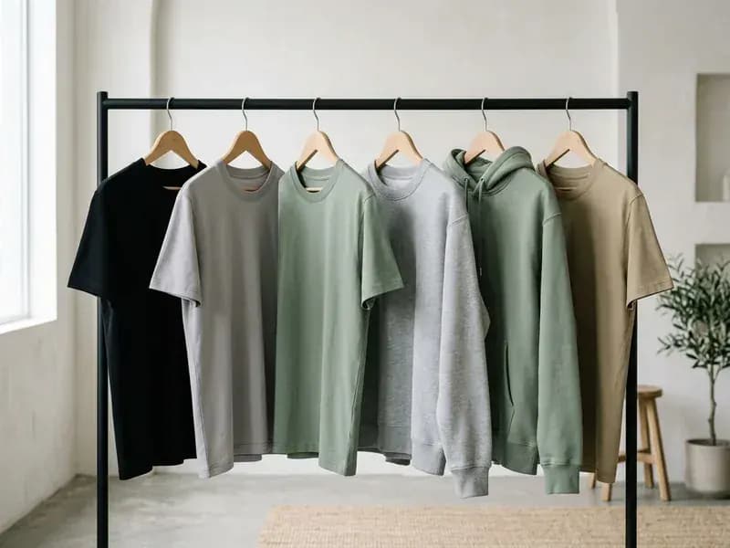 Garments on a rack in green tones