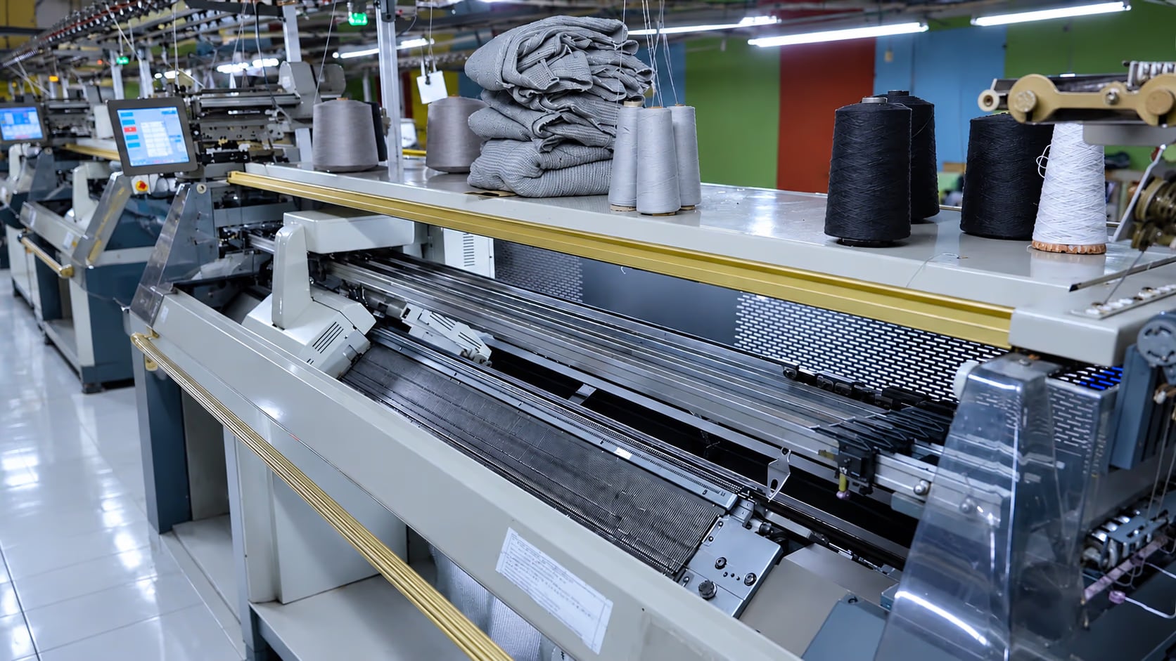 Industrial knitting machines with yarn cones operated by uniformed PT. Micro Garment operators wearing hairnets and hygienic masks